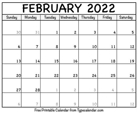 Calendar Printable February 2022